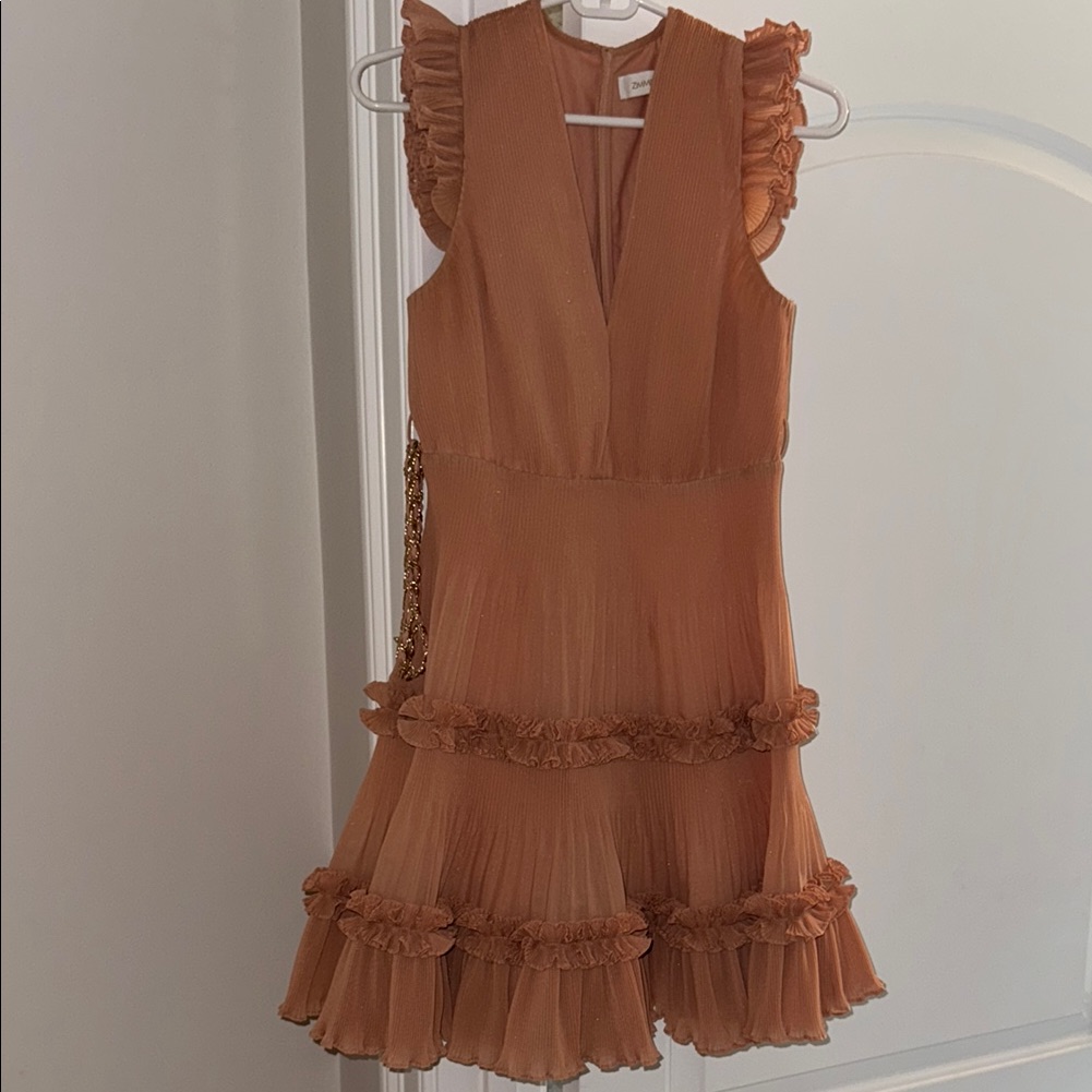 Zimmermann Elegant Ruffled Dress In Peach Orange With Gold Butterfly Belt 0